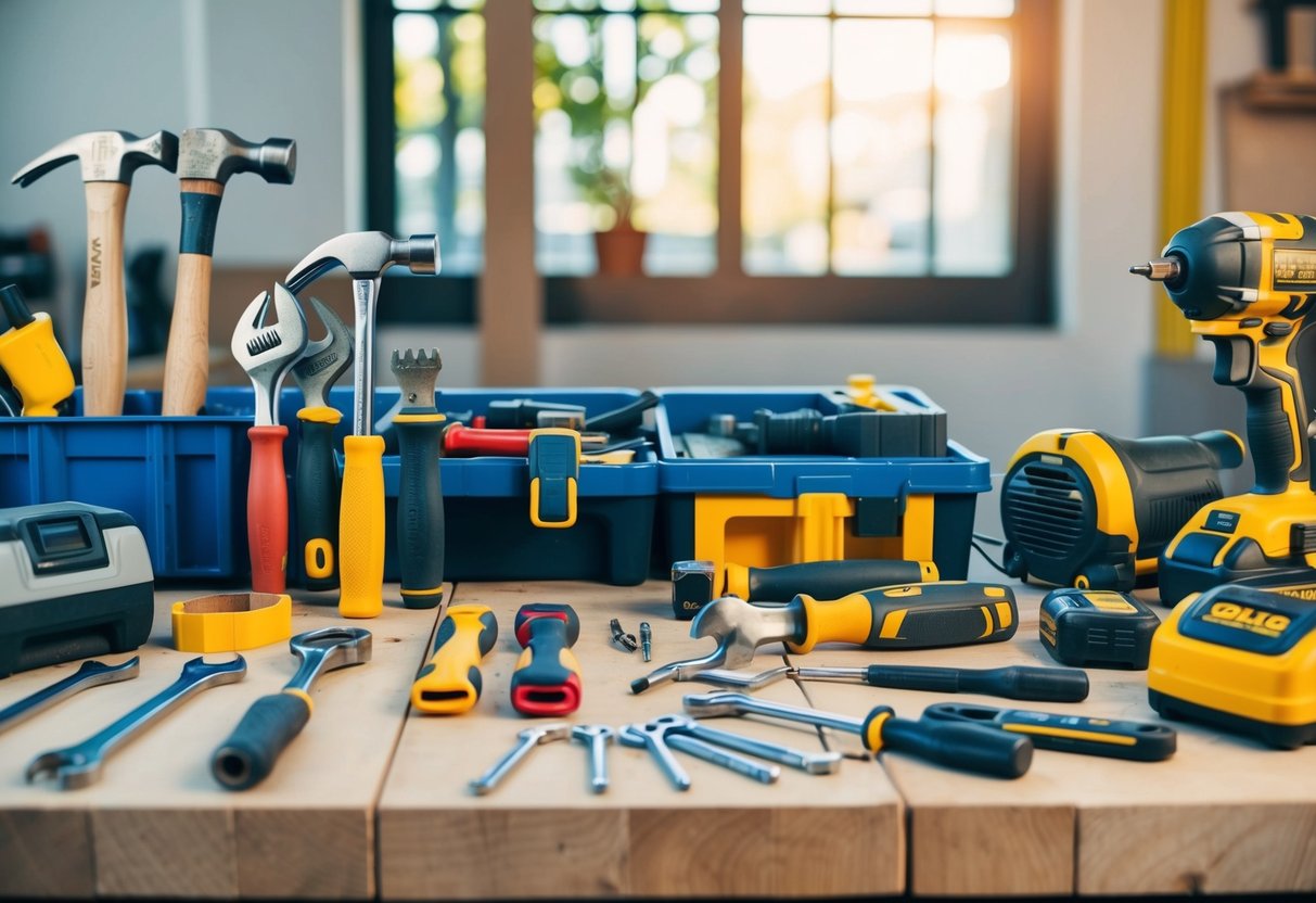 A workbench with various tools neatly organized, including hammers, screwdrivers, wrenches, and power tools. A DIY project in progress, with materials and measuring tape