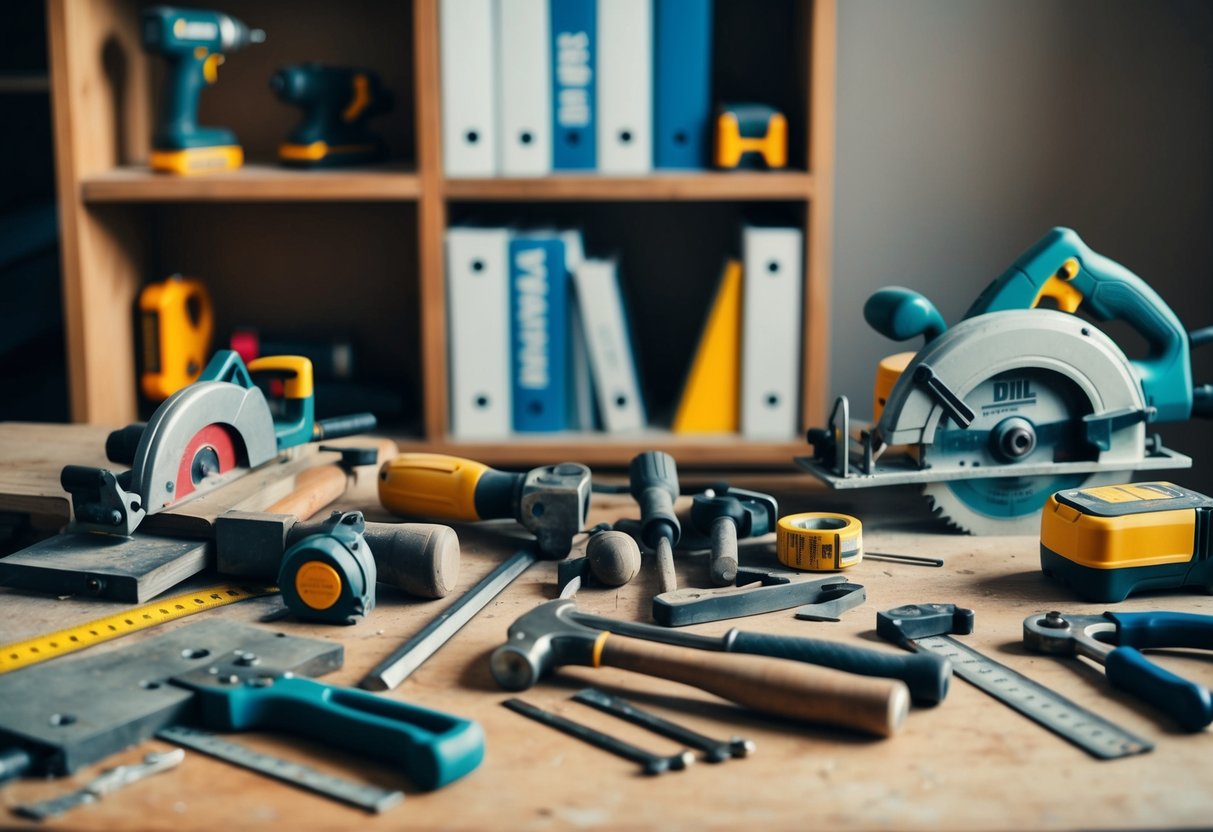 A cluttered workbench with various tools and materials, including saws, hammers, drills, and measuring tape. A bookshelf in the background holds DIY guides