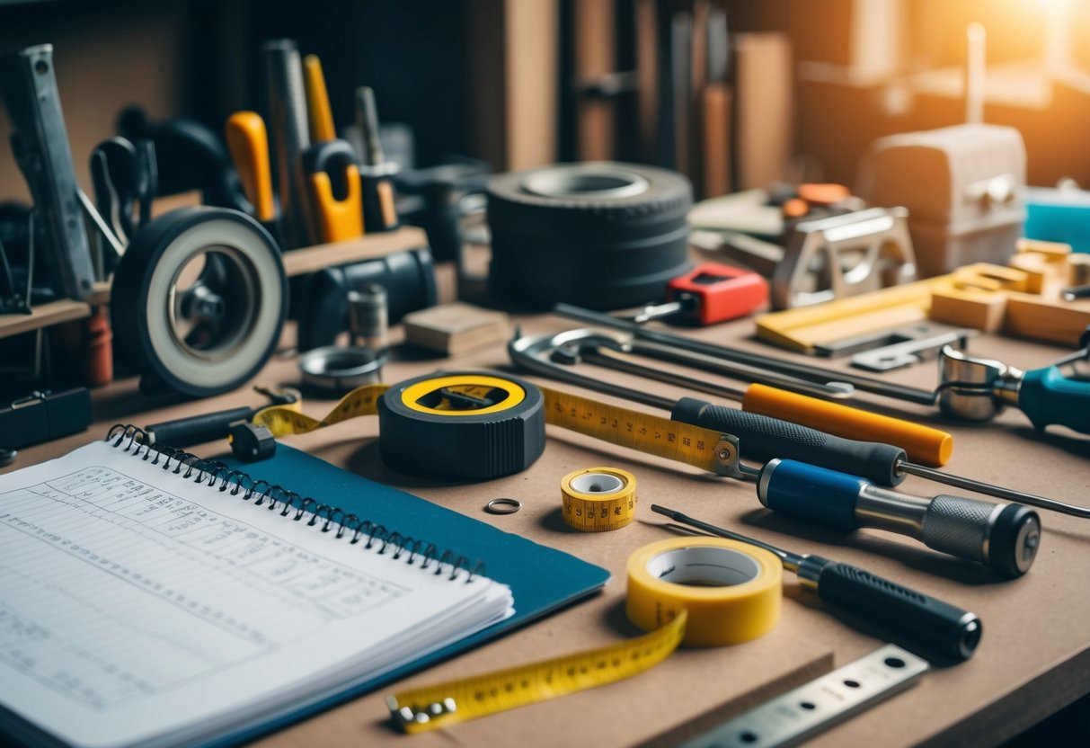 A cluttered workbench with various tools, measuring tape, and a notebook open to a page of calculations and sketches