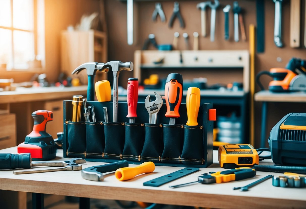 A workbench with various tools neatly organized, including hammers, screwdrivers, wrenches, and power tools, with a DIY project in progress nearby