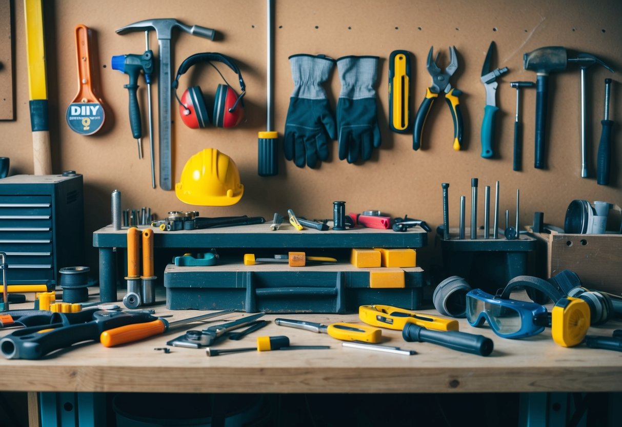 A cluttered workbench with various tools neatly organized, safety goggles and gloves hanging nearby, a DIY project in progress with the appropriate tools being used