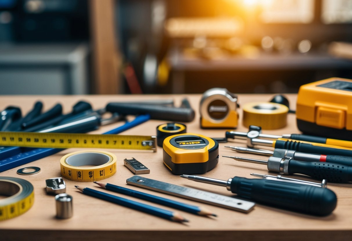 A workbench with various tools laid out neatly, including measuring tape, pencils, and precision instruments