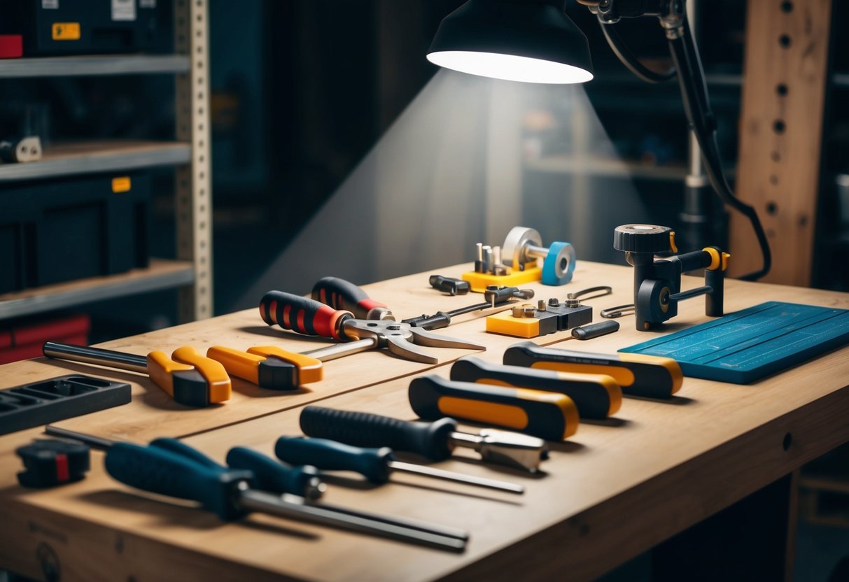 A workbench with various cutting tools and assembly equipment neatly arranged, with a spotlight shining on them to highlight their importance in DIY projects