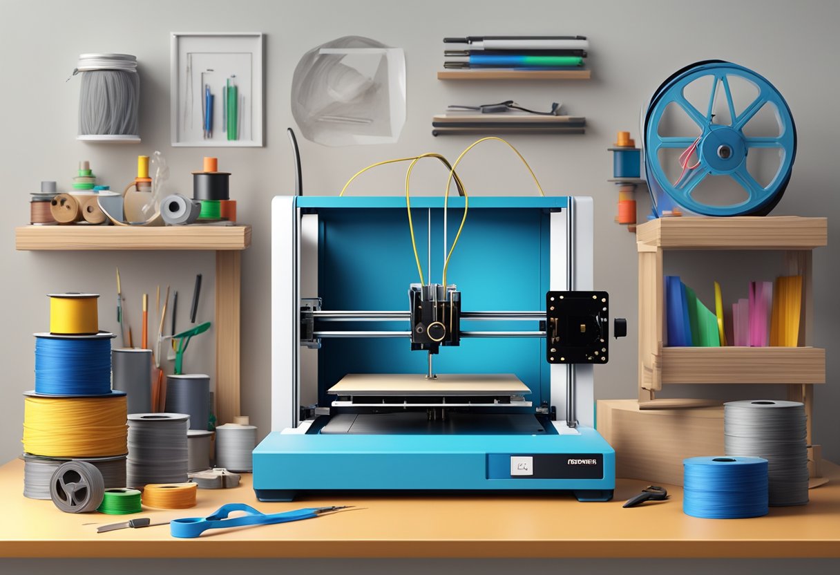 A 3D printer sits on a cluttered worktable, surrounded by spools of filament, tools, and unfinished projects