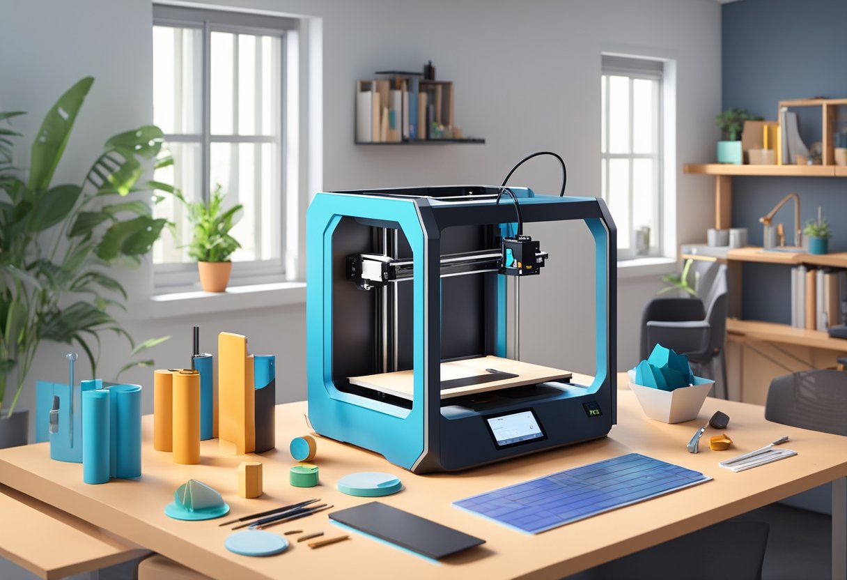 A 3D printer sits on a sturdy table, surrounded by tools and materials. The space is organized and efficient, with a clear workflow in place