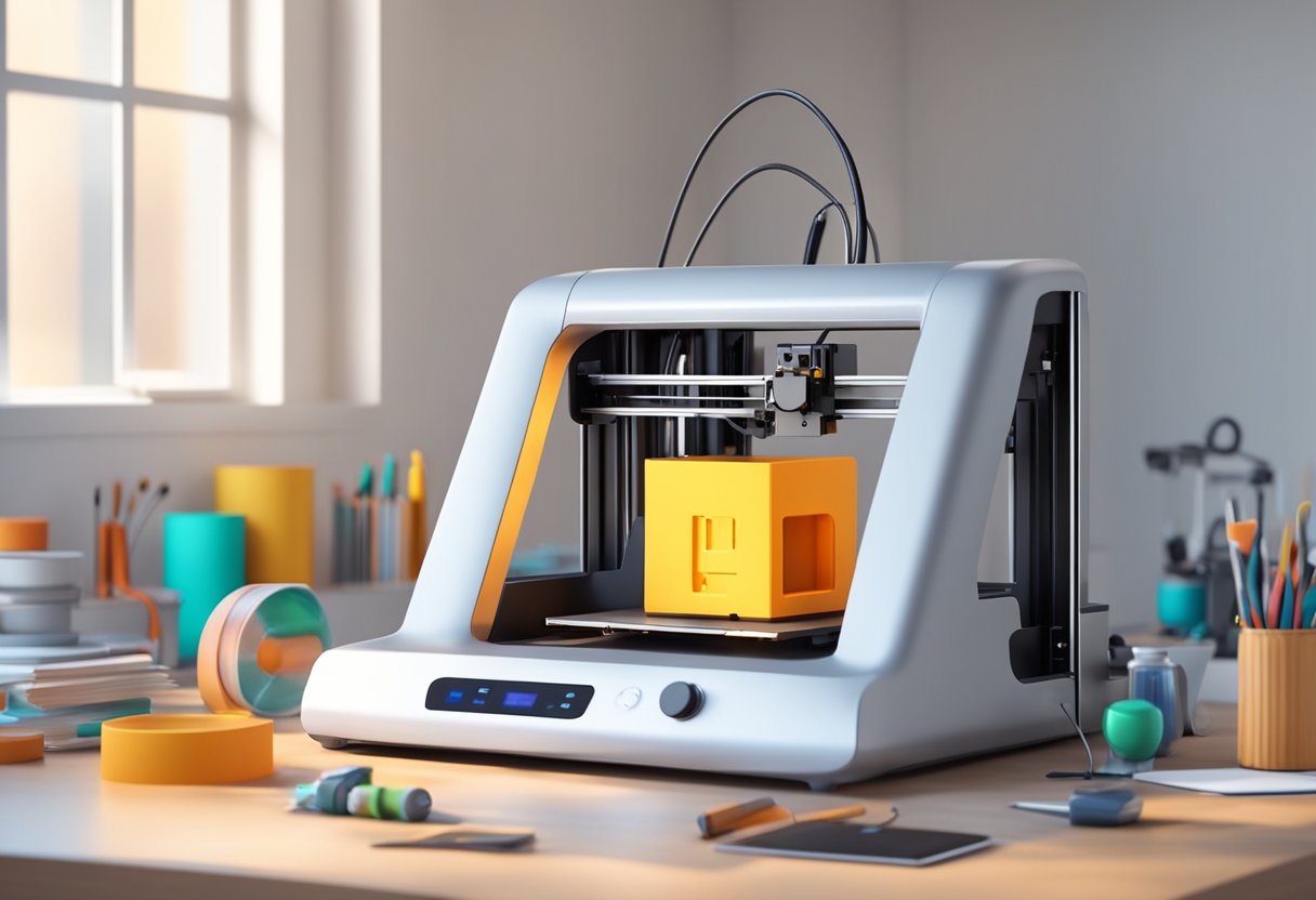 A modern 3D printer sits on a sleek, minimalist table in a well-lit room, surrounded by various tools and materials for enhancing the user experience