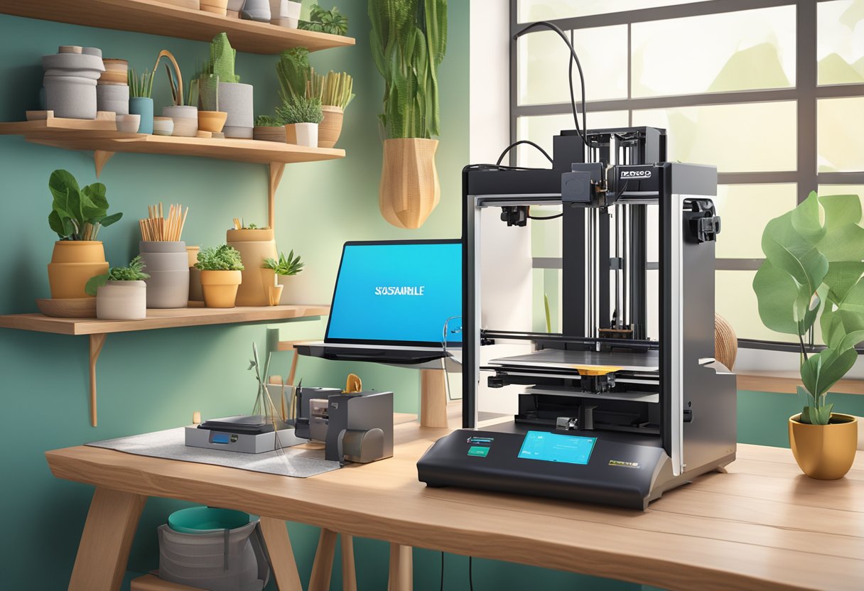 A 3D printer sits on a table surrounded by sustainable materials and products, with a focus on community impact