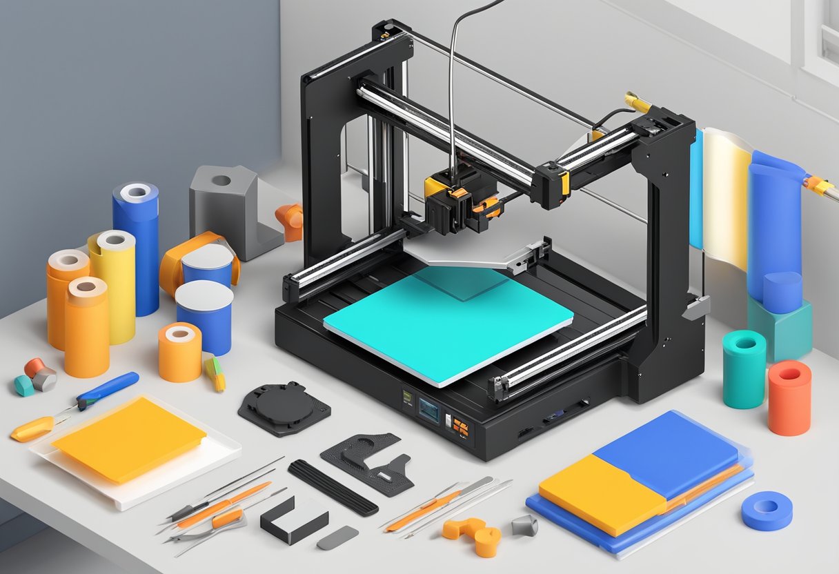 A 3D printer with tools and materials laid out on a workbench