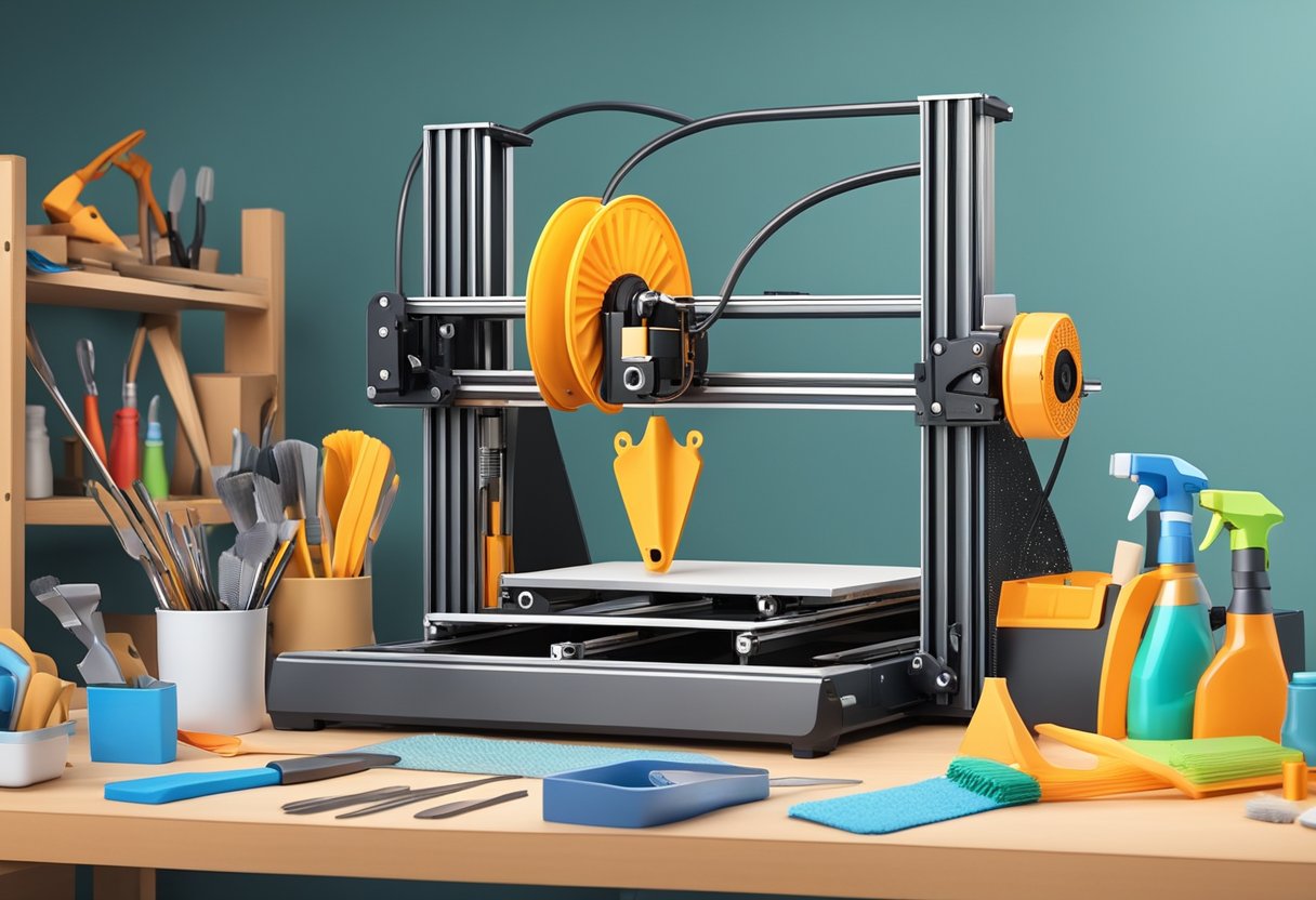 A 3D printer surrounded by various tools and accessories, including spatulas, pliers, calipers, and cleaning brushes, all neatly organized on a workbench