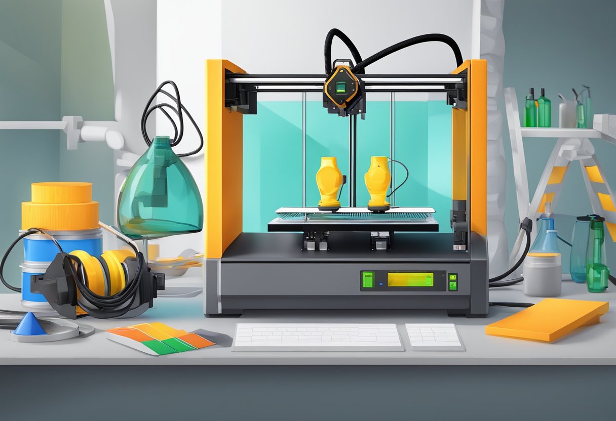 A 3D printer surrounded by safety equipment and environmental controls