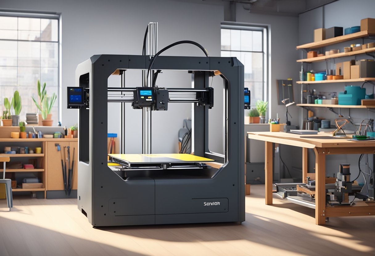 A large 3D printer in a spacious, well-lit workshop, surrounded by various tools and materials