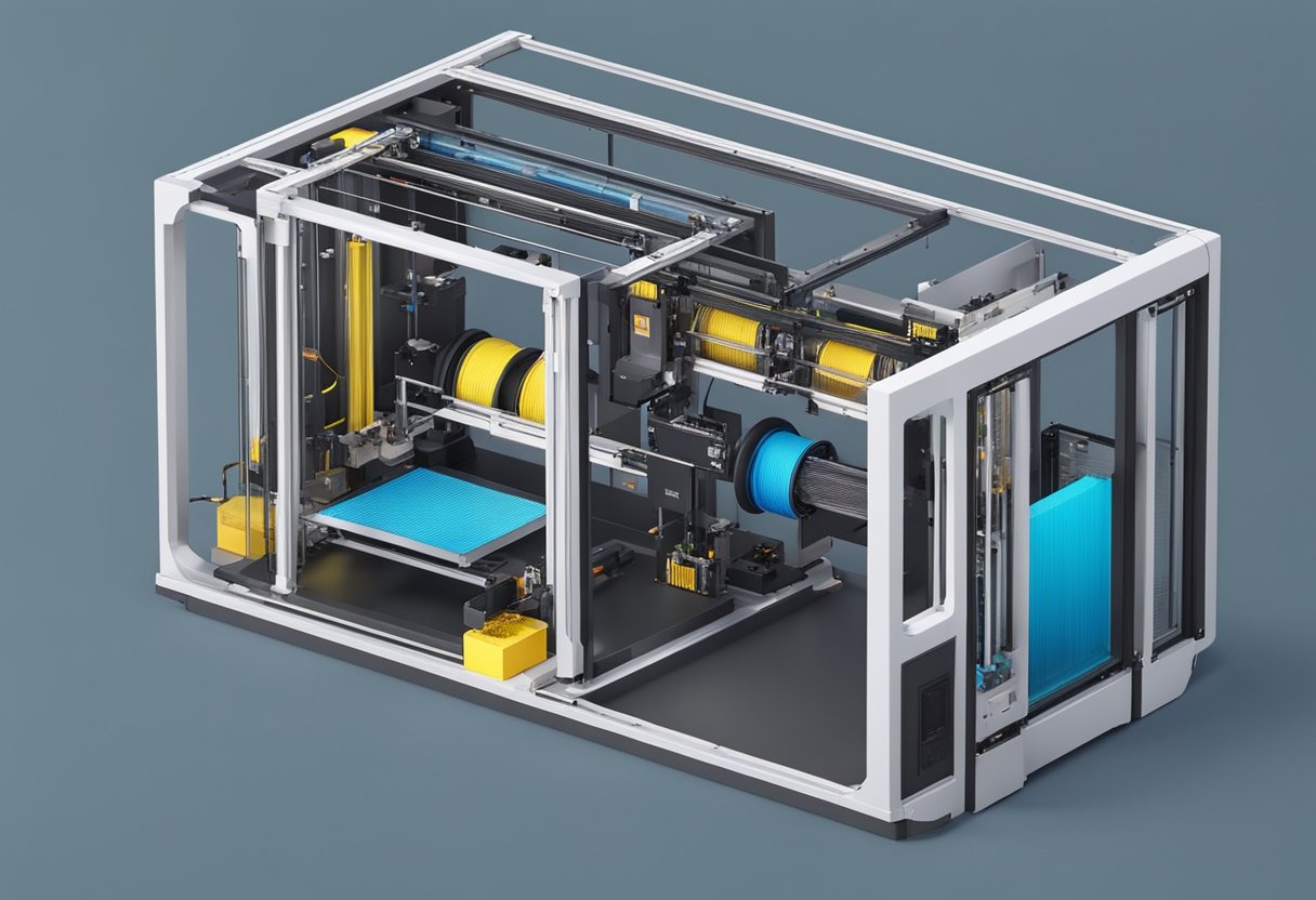 A large 3D printer with a sturdy frame, a spacious build area, and a complex network of printing nozzles and filament spools