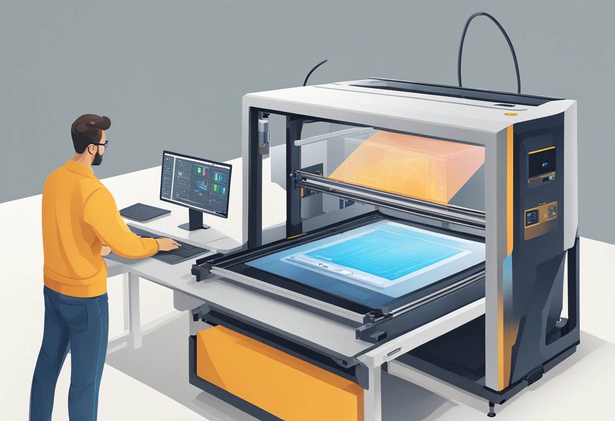 A person operating a large 3D printer, with a computer screen displaying the software and user interface for controlling the printing process