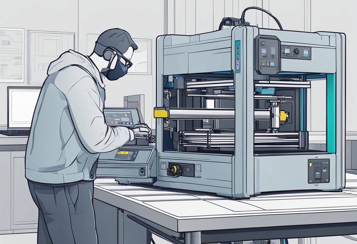 A technician performs maintenance on a large 3D printer, checking components and adjusting settings