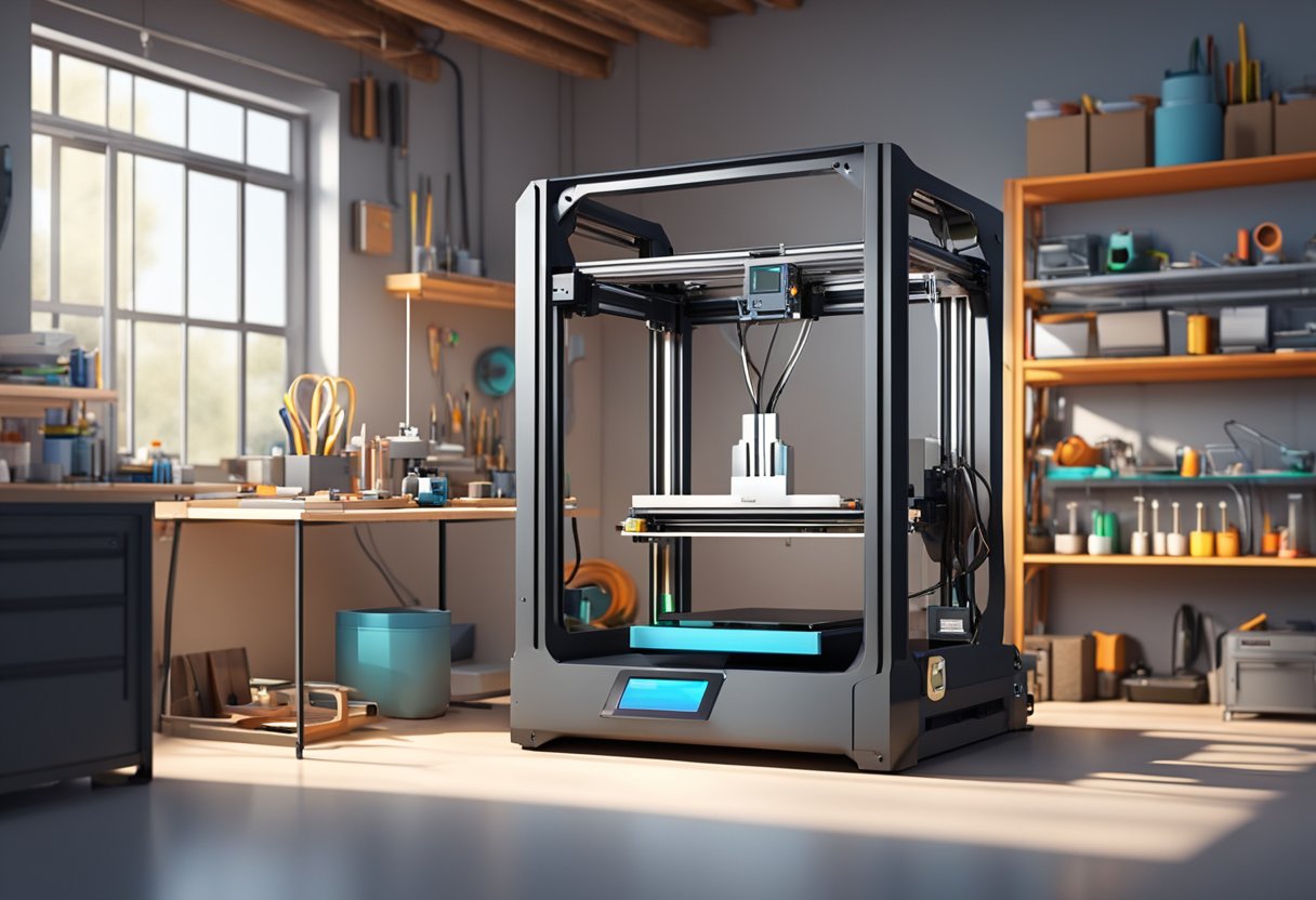 A large 3D printer in a spacious, well-lit workshop, surrounded by various tools and materials