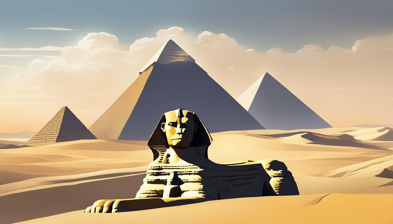 The Great Sphinx of Giza stands majestically in the desert, with its lion's body and human head gazing out towards the horizon