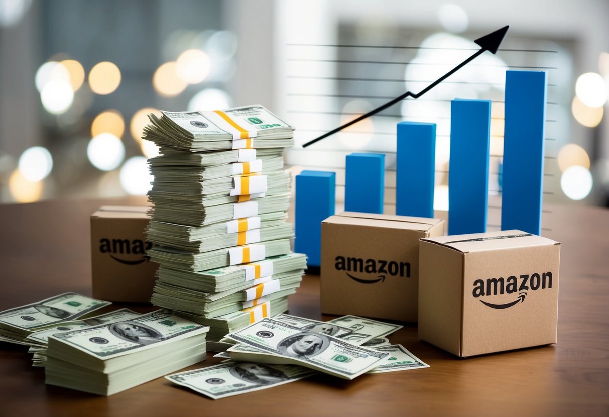 A stack of cash and a chart showing increasing profits, surrounded by Amazon FBA product boxes