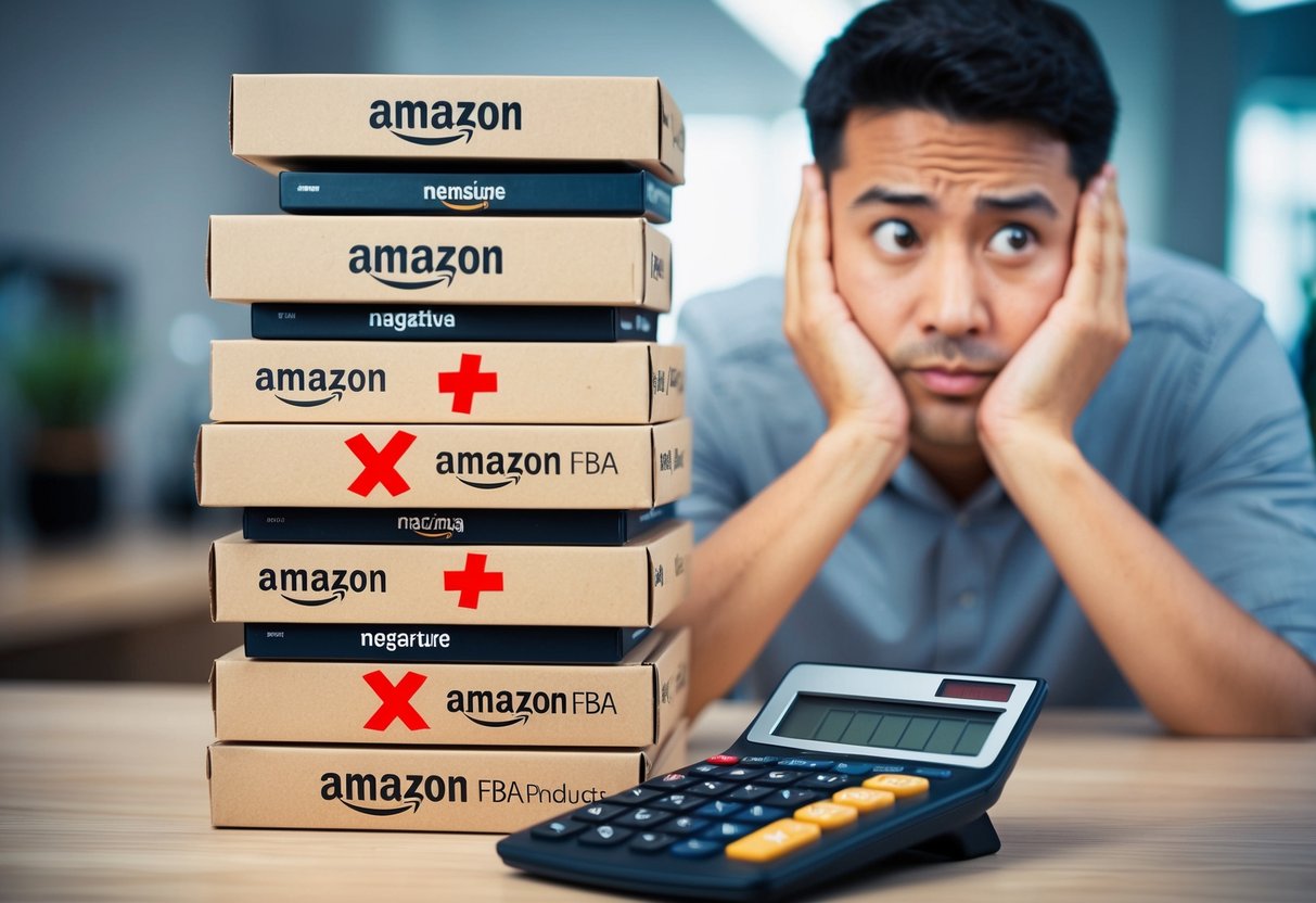 A stack of Amazon FBA products with some items marked with red negative signs, a calculator showing a negative balance, and a worried expression on a person's face