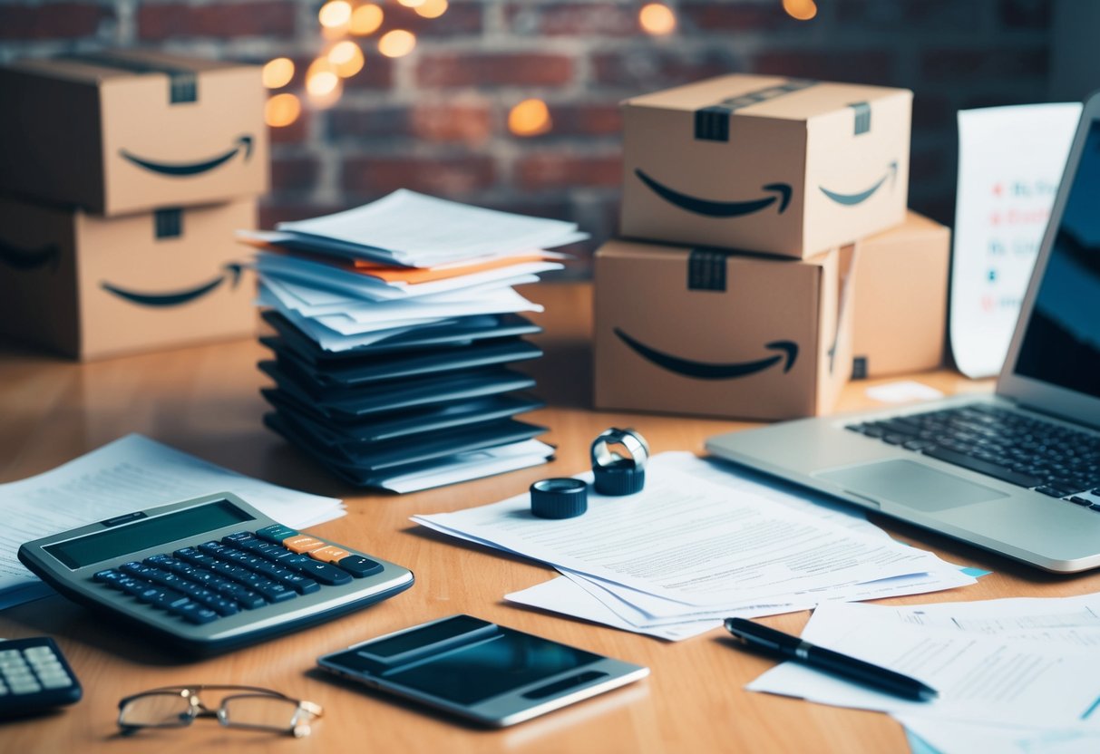 A cluttered desk with a laptop, calculator, and scattered papers. A stack of Amazon FBA boxes in the background