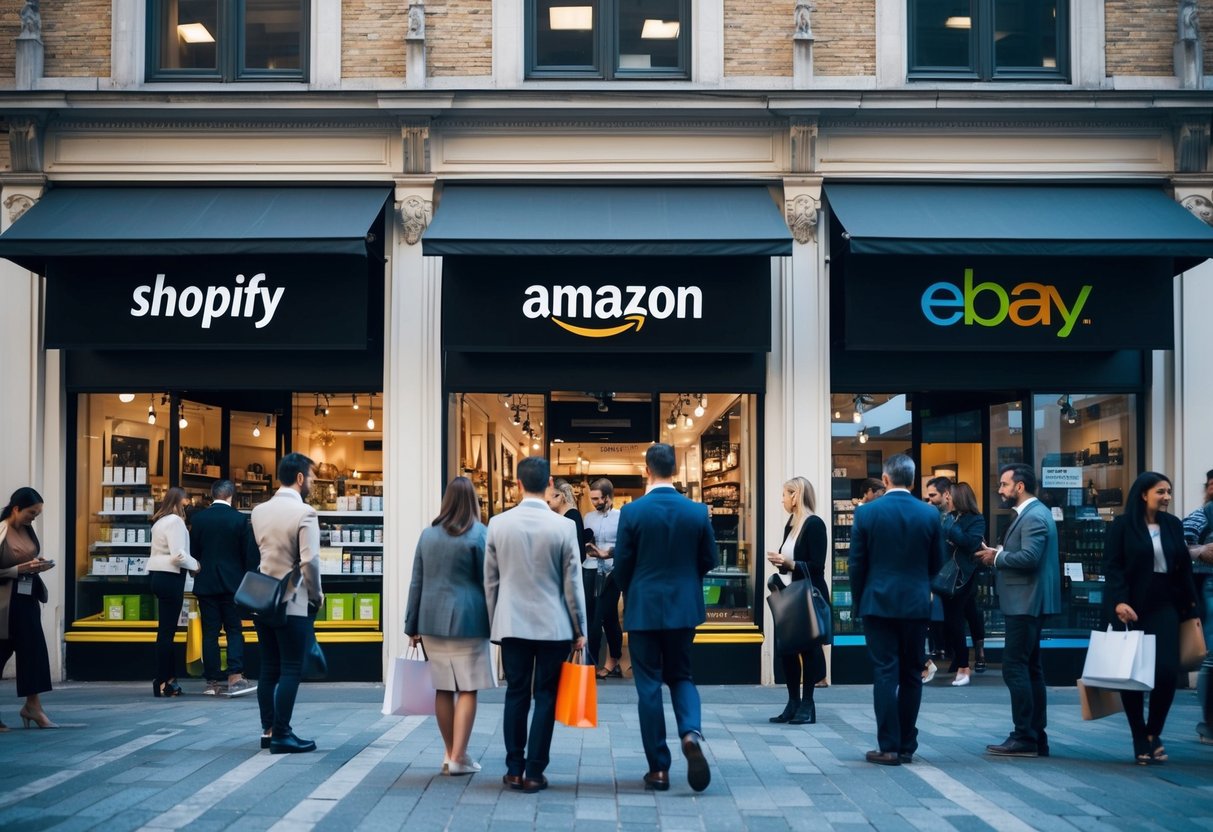 A bustling marketplace with three distinct storefronts, each representing Shopify, Amazon, and eBay. Customers compare prices and features, while sellers strategize their next move