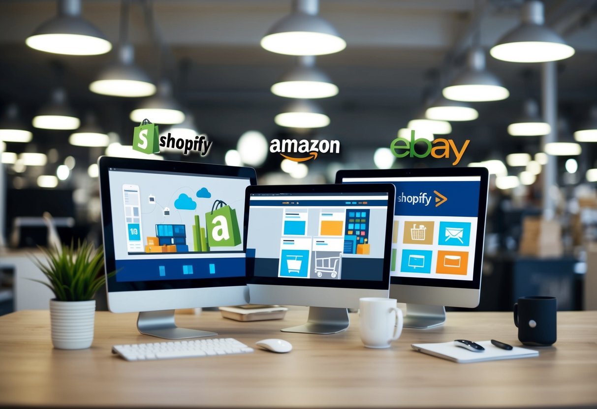 A busy online marketplace with three storefronts: Shopify, Amazon, and eBay. Each storefront is equipped with various operational tools and features