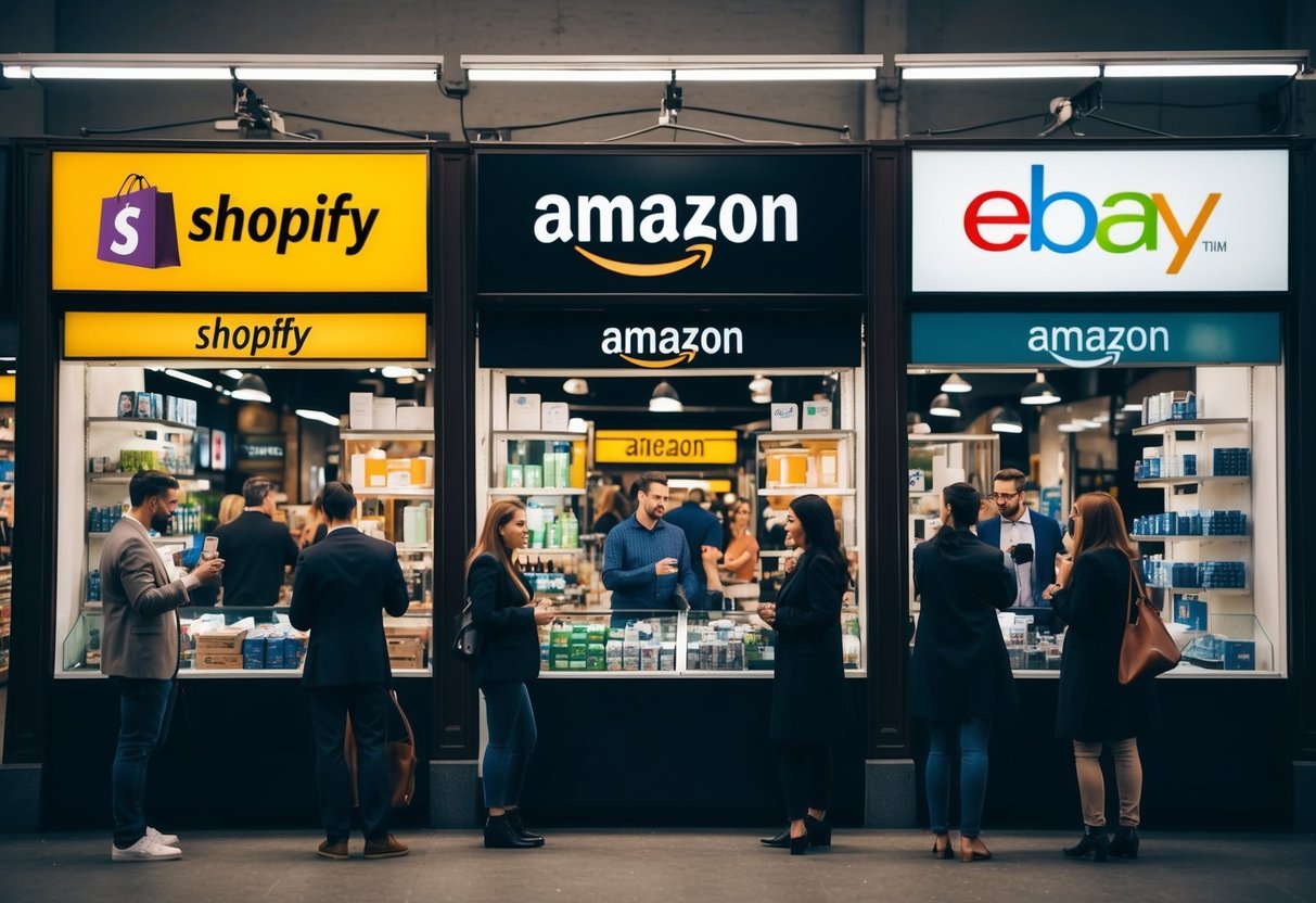 A busy marketplace with three distinct storefronts for Shopify, Amazon, and eBay, with customers comparing products and asking questions