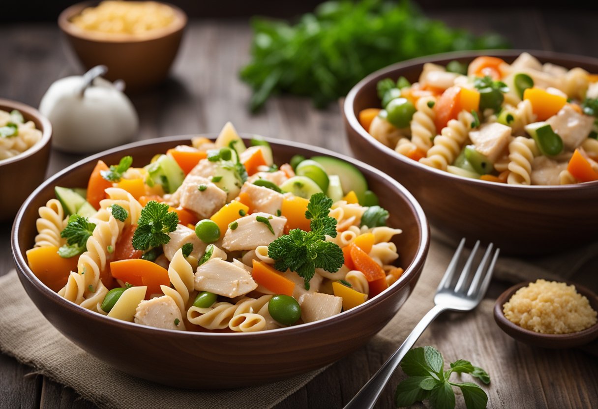 A bowl of chicken pasta salad with buffalo sauce dressing, garnished with fresh herbs and colorful vegetables, sits on a wooden table