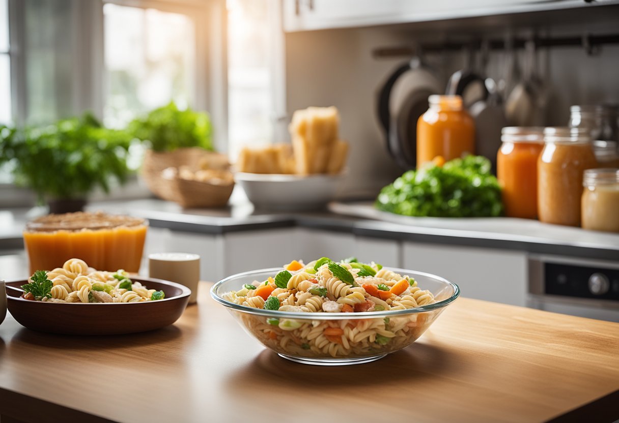 A colorful bowl of chicken pasta salad with buffalo sauce dressing sits on a wooden table next to a jar of leftovers in a neatly organized kitchen pantry