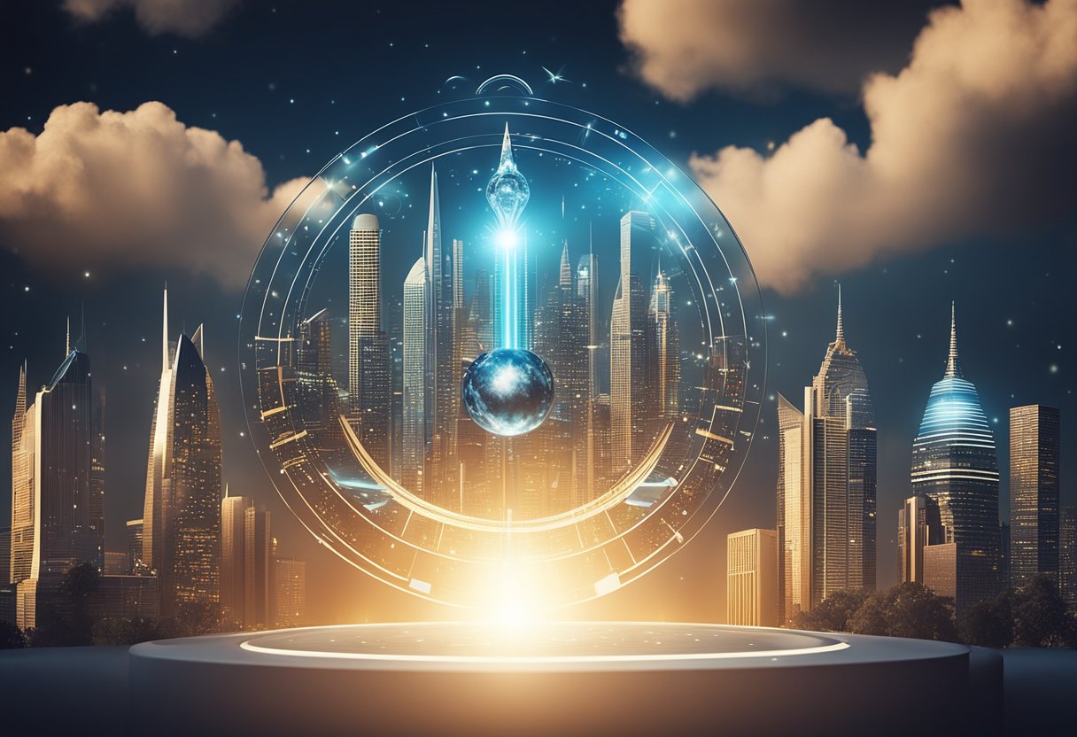 A futuristic city skyline with zodiac symbols hovering above, while a glowing orb emits energy, representing the astrological influence on technological progress