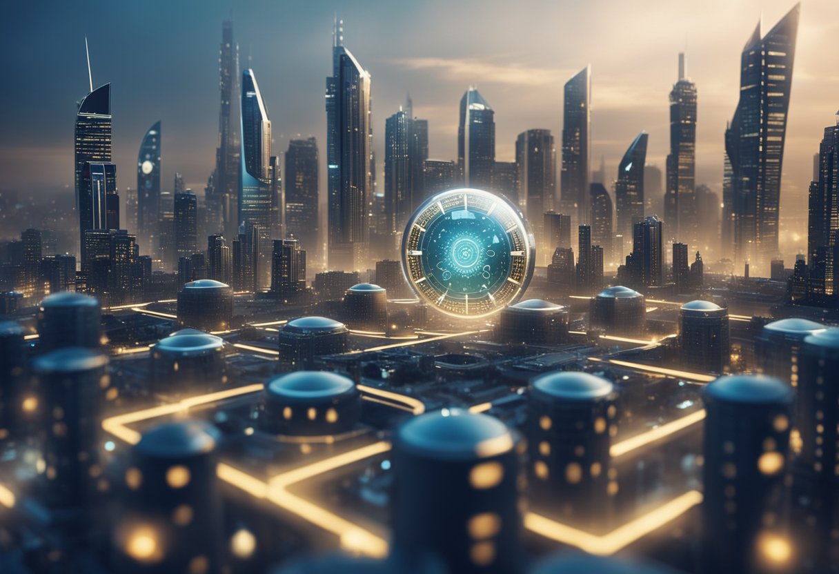 A futuristic cityscape with zodiac symbols hovering above key industry buildings, surrounded by futuristic technology and innovation