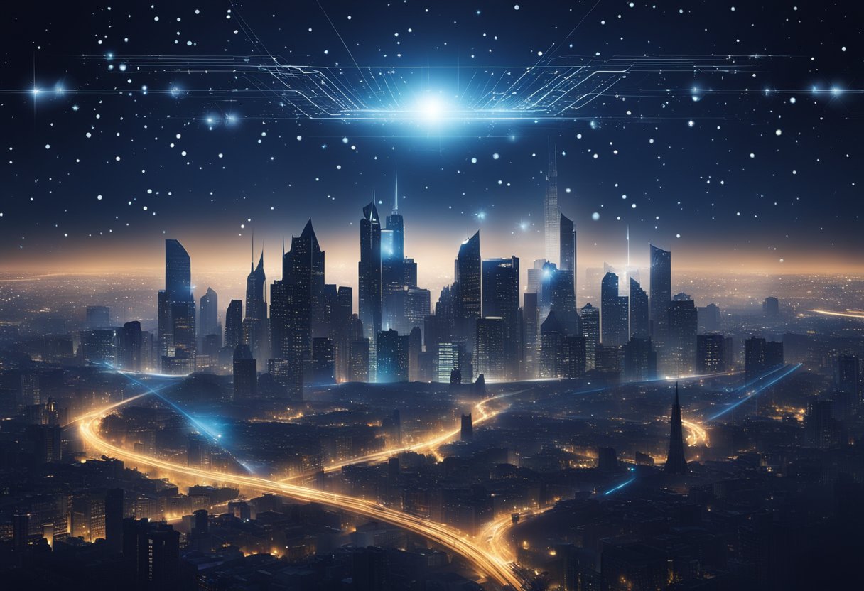 A futuristic city skyline with celestial bodies and constellations aligning above, while beams of light symbolize technological breakthroughs