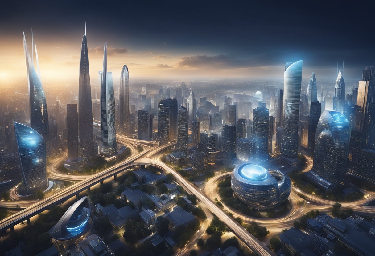 A bustling city skyline with futuristic buildings and advanced transportation systems, surrounded by a network of interconnected digital devices and technologies