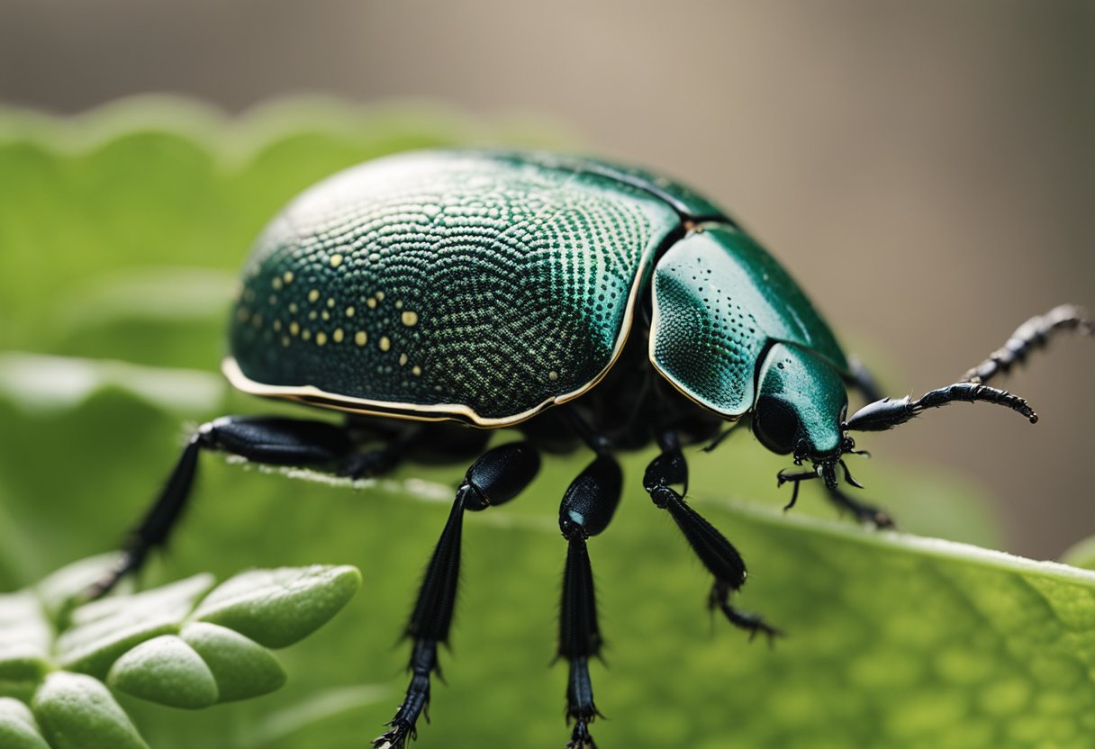 Et nærbilde av en bille (Coleoptera) som sitter på et blad med intrikate mønstre og teksturer på sitt eksoskjelett