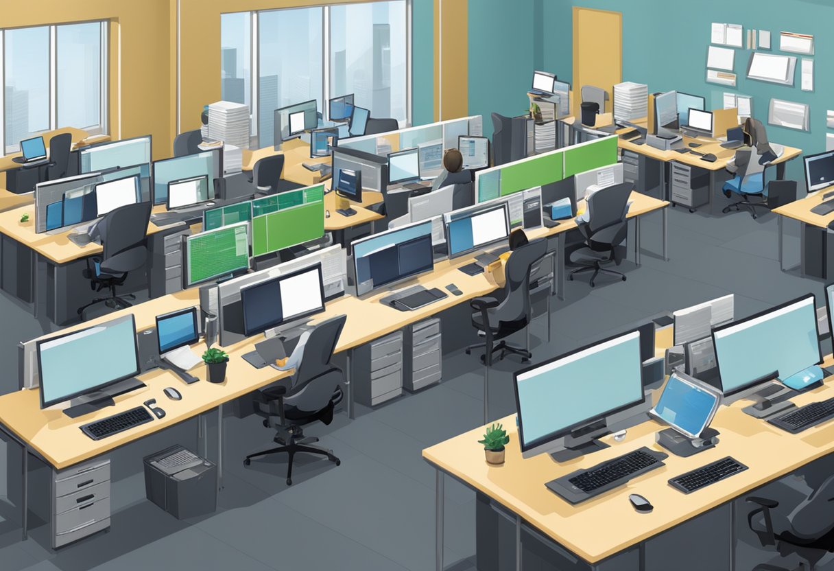 A bustling office with computer screens, servers, and paperwork. A prominent sign displays "Policies and Compliance - Cassia County School District Technology Department."