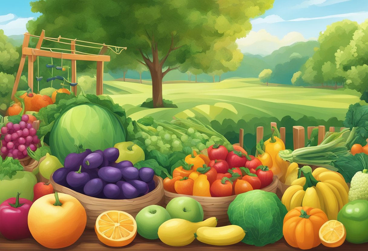 A vibrant scene of fresh fruits and vegetables displayed in a colorful array, surrounded by exercise equipment and a serene natural setting