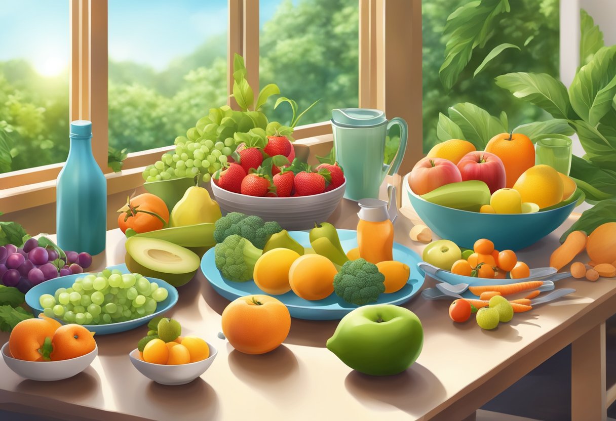 A vibrant scene of fresh fruits, vegetables, exercise equipment, and a balanced meal on a table, surrounded by nature and sunlight