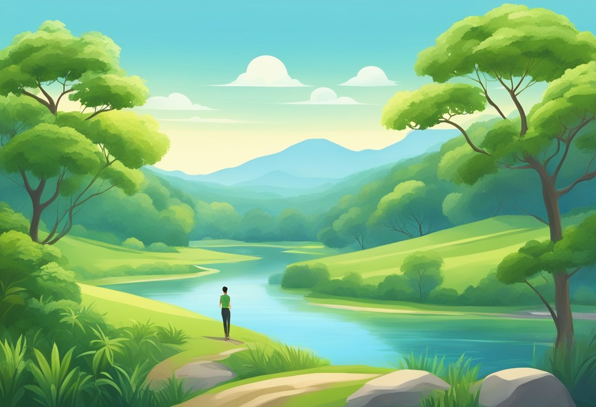 A serene landscape with a winding river, lush greenery, and a clear blue sky. A figure practices yoga or meditates in the peaceful setting