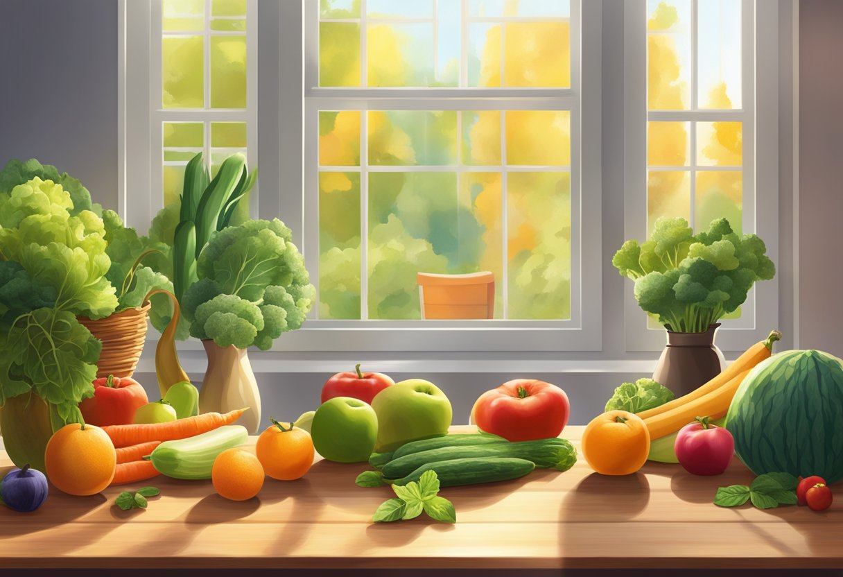 A vibrant scene of fresh fruits and vegetables arranged on a wooden table, surrounded by exercise equipment and a yoga mat. Sunlight streams in through a window, casting a warm glow over the scene