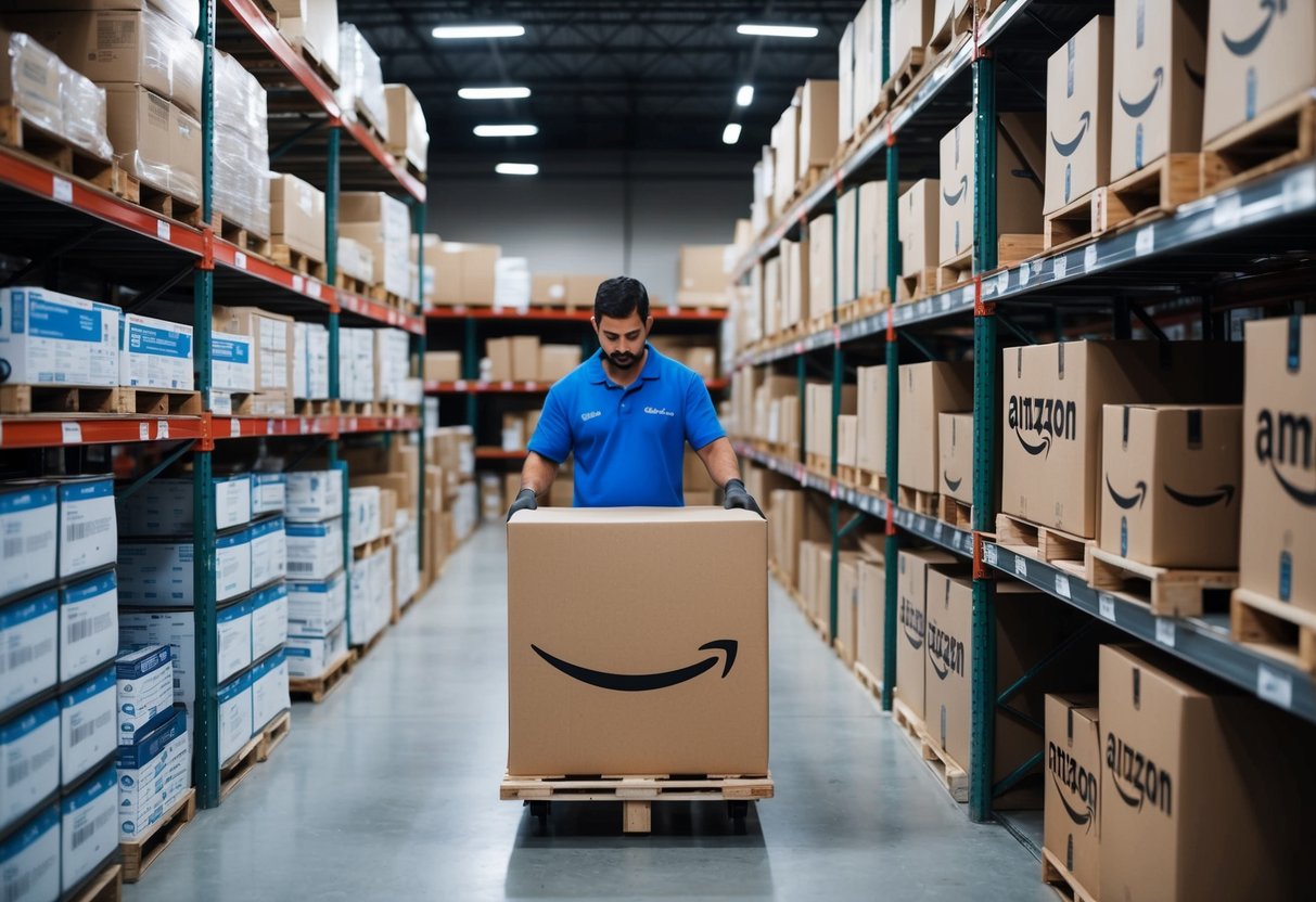 A warehouse worker loads Alibaba products onto Amazon FBA shelves