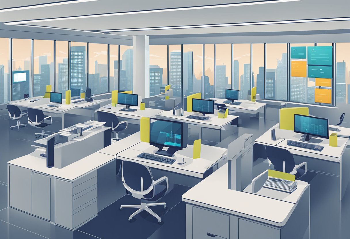 A futuristic office setting with AI technology integrated into business operations