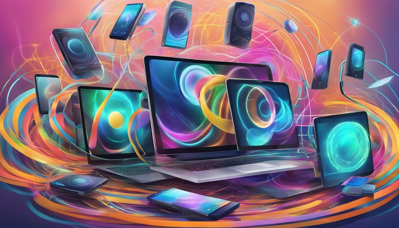 A group of electronic devices surrounded by swirling, colorful energy, appearing to be trapped within a digital barrier