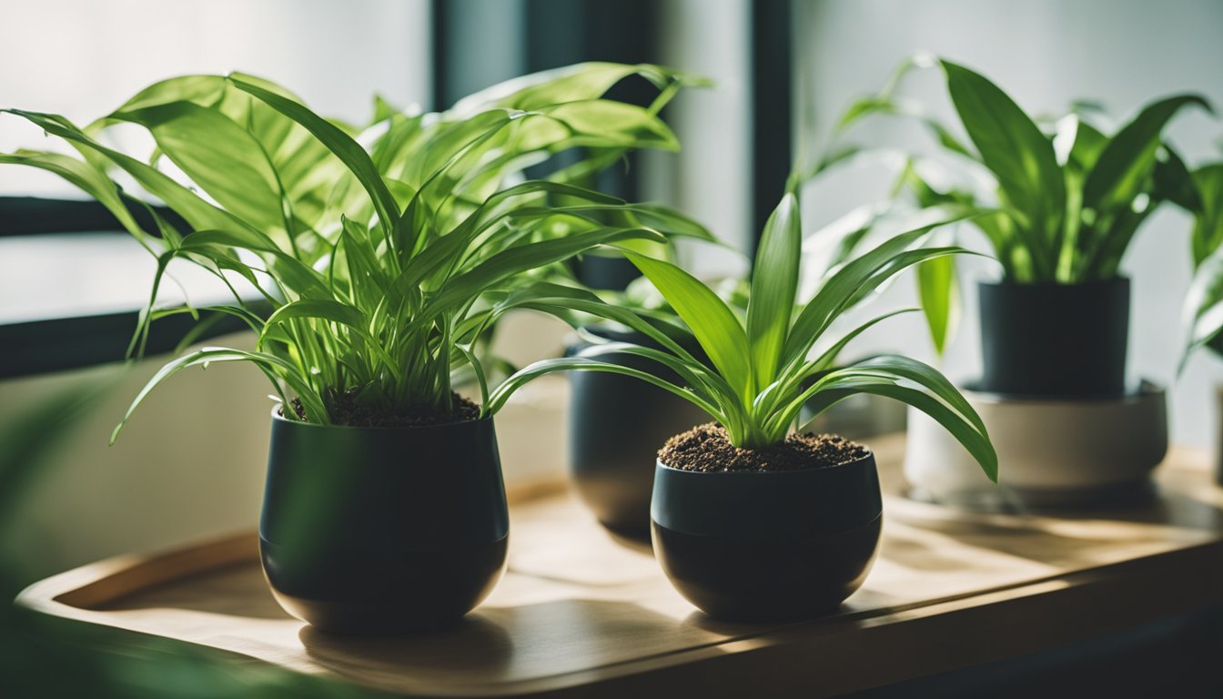 Lush indoor plants in glass vessels, including Spider Plant, Split Leaf Philodendron, Delicious Monster, and Pothos, create a verdant top-down view