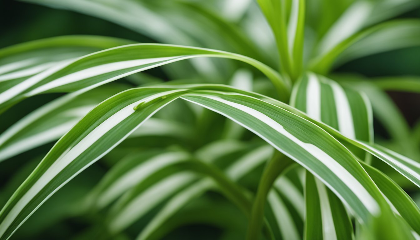 The spider plant's arching leaves, with vivid green and white stripes, fill the frame in a detailed close-up