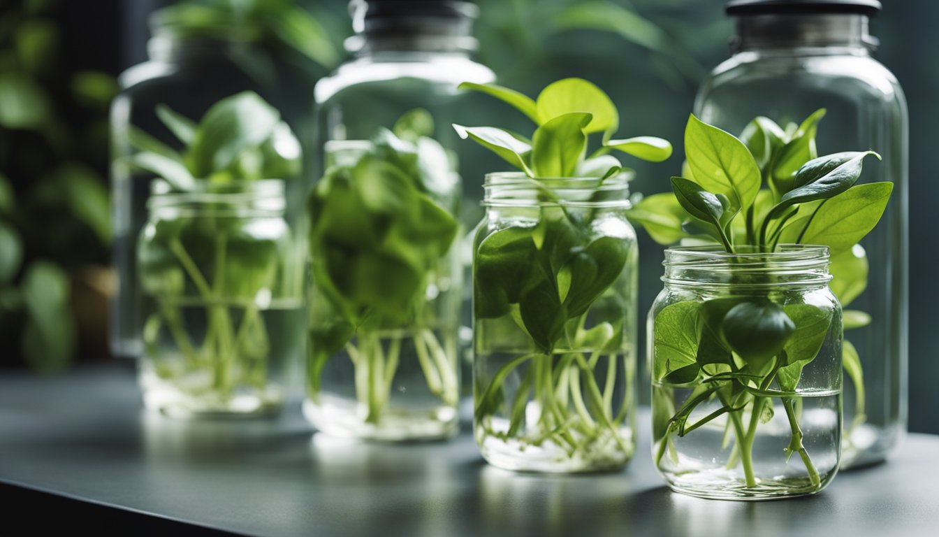 Lush Pothos cuttings thrive in glass jars of water, showcasing their effortless propagation