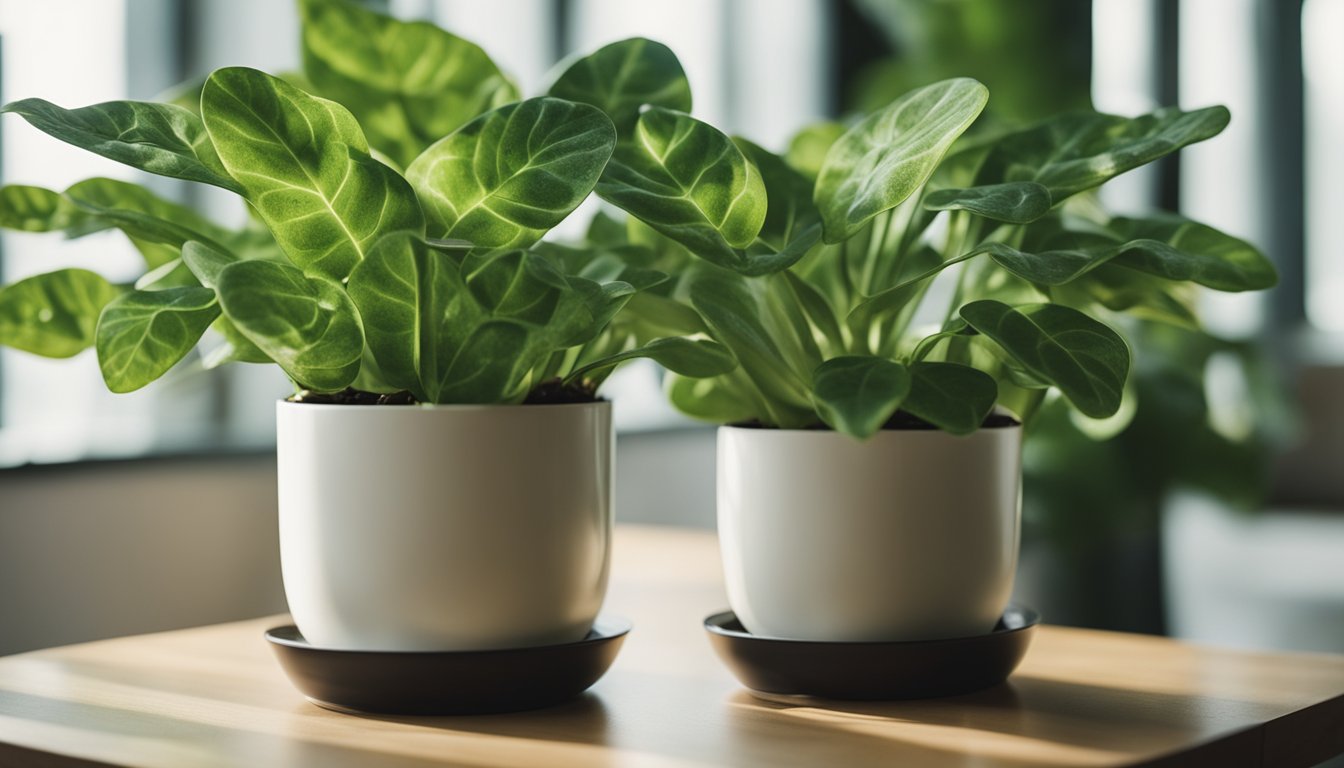 An Arrowhead Plant flourishes in a decorative pot, bathed in indoor light