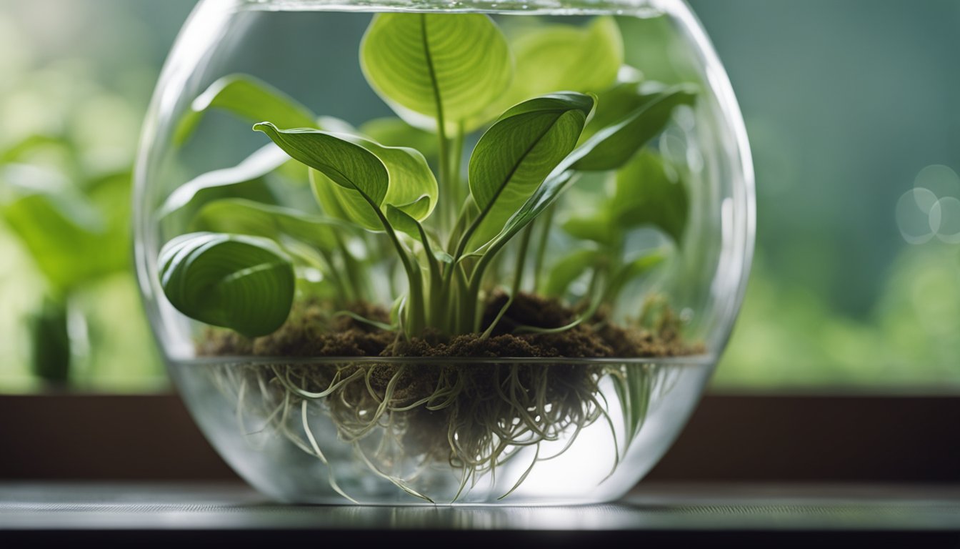 The intricate roots of a Prayer Plant are visible through the transparent container as they grow in water