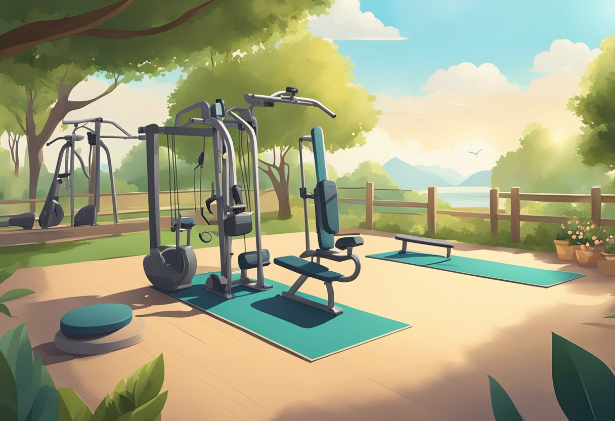 A serene landscape with various exercise equipment scattered around. The sun is shining, and the scene is peaceful and inviting