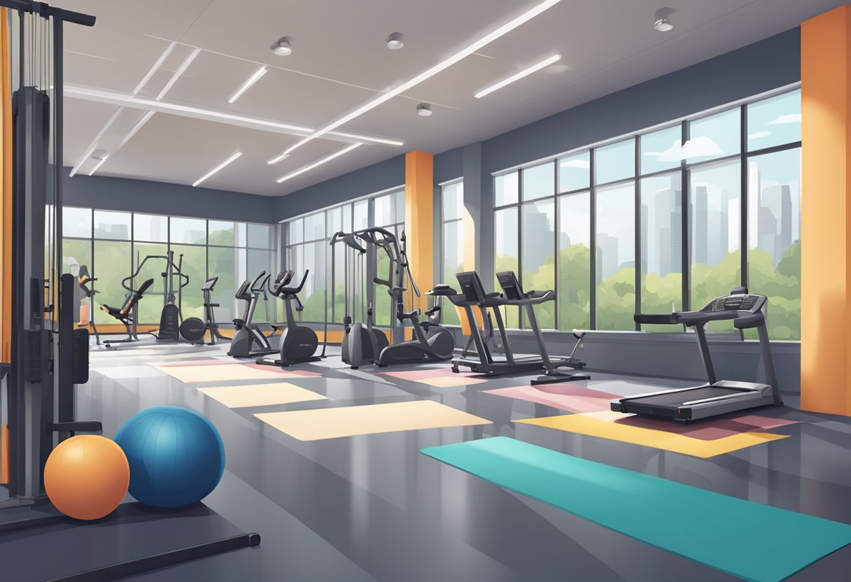 A variety of exercise equipment arranged in a spacious, well-lit gym with a mix of cardio, strength, and flexibility options