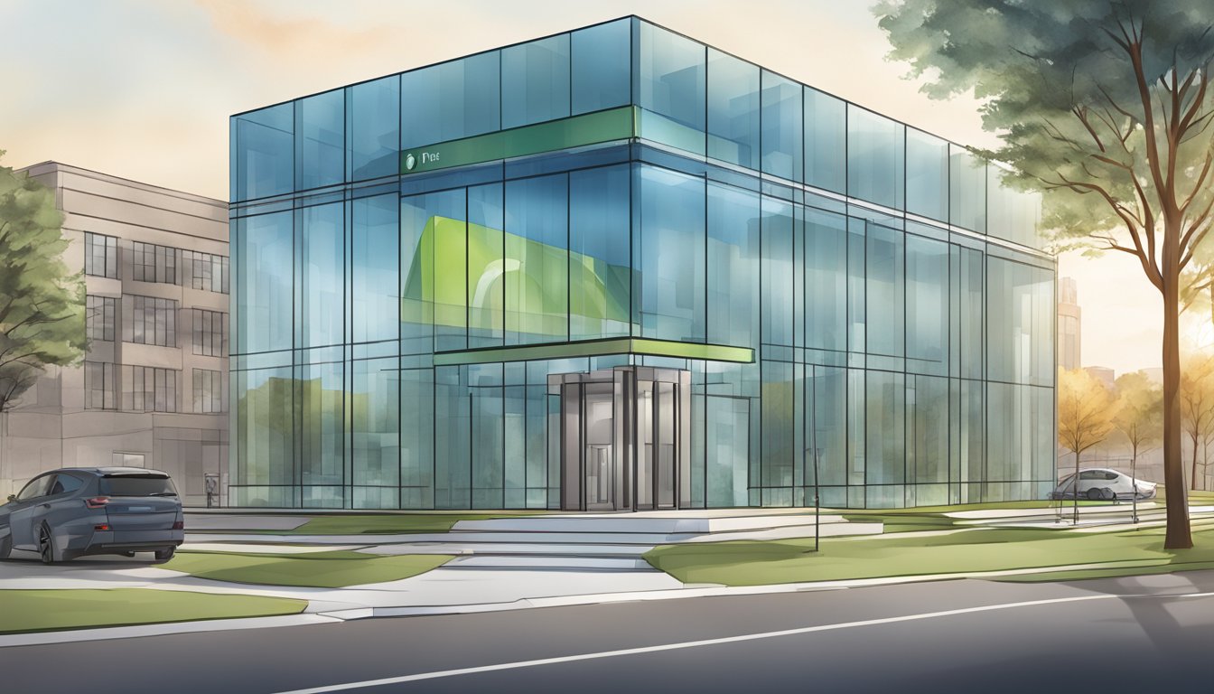 A modern bank building with a sleek design, featuring a glass facade and the "First Tech Credit Union" logo prominently displayed