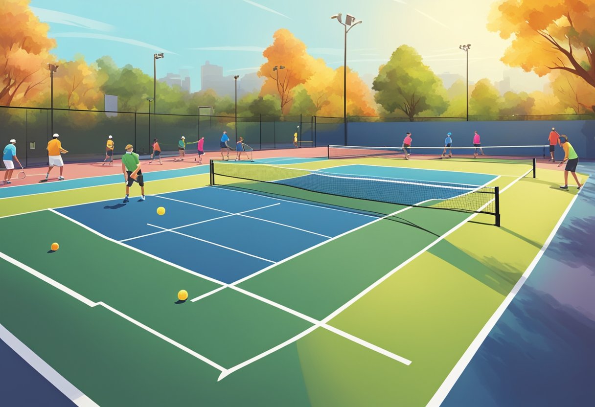 A group of people playing pickleball at Pictona, with colorful paddles and a bright court under the sun